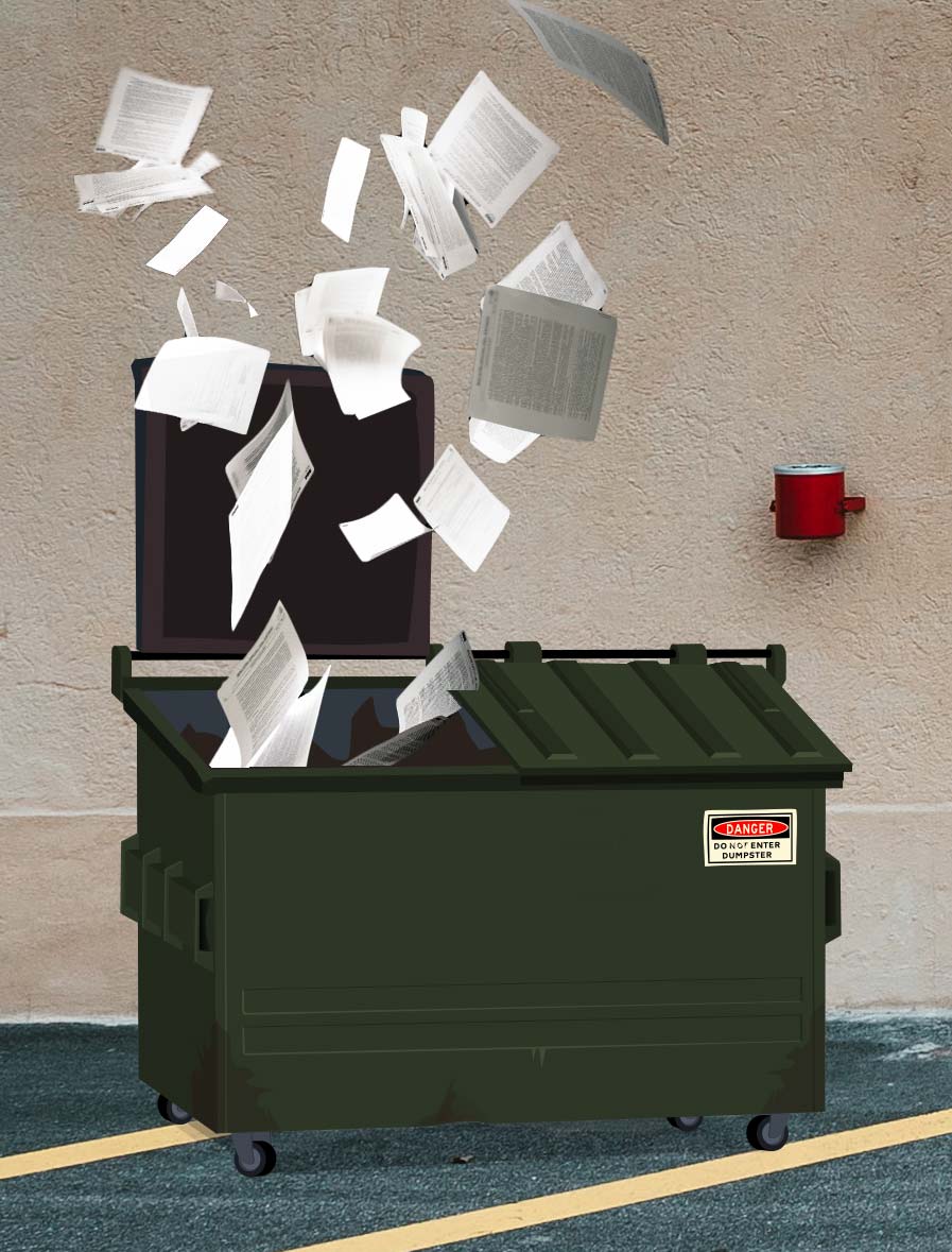 Papers falling into dumpster